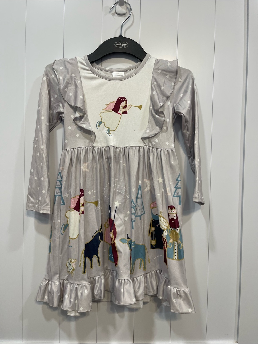 Girls' Holiday Angel & Nativity Ruffle Dress - Gray Marie Nicole 2xl about 5/6